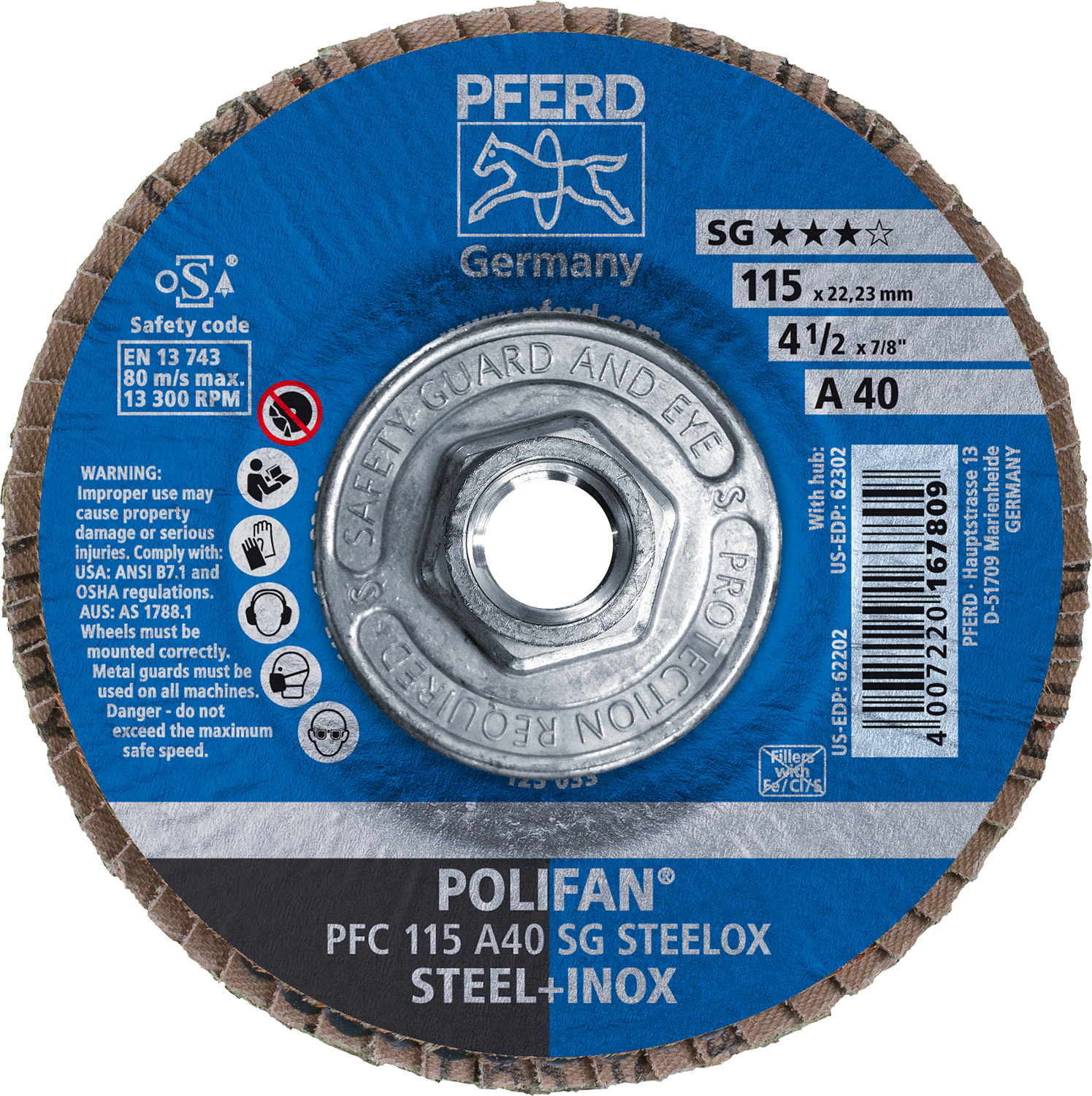 4-1/2" x 5/8-11 Thd. POLIFAN® Flap Disc, A SG STEELOX, Aluminum Oxide, 40 Grit, Conical